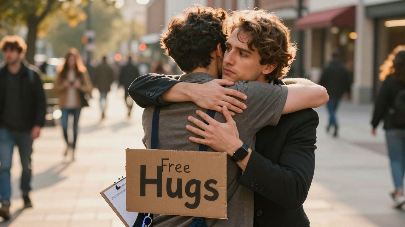 Duas pessoas abraçam-se na rua, uma com placa a dizer "Free Hugs" durante um dia ensolarado.