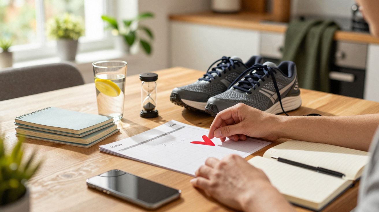 Pessoa a marcar um coração vermelho numa agenda com ténis, smartphone, copo de água e caderno numa mesa.