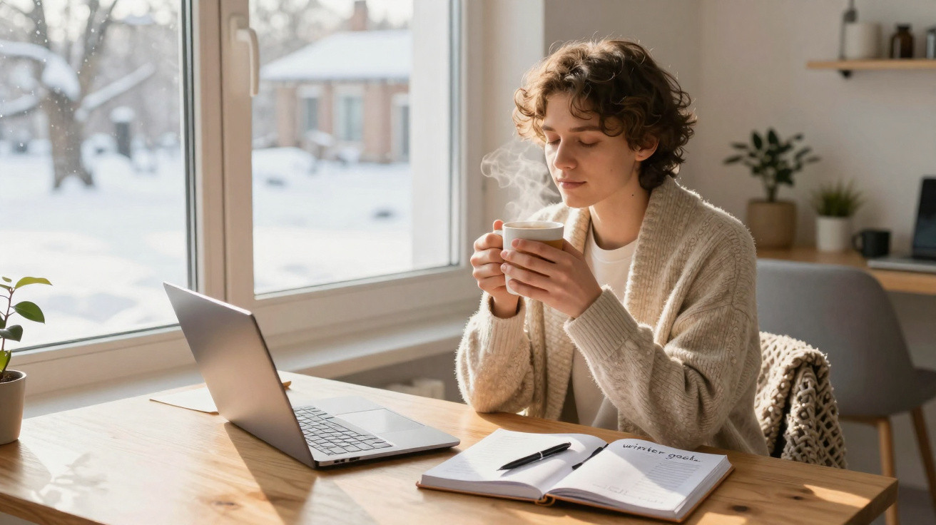 Pessoa sentada a beber chá quente junto a uma janela com neve lá fora e laptop aberto numa mesa de madeira.