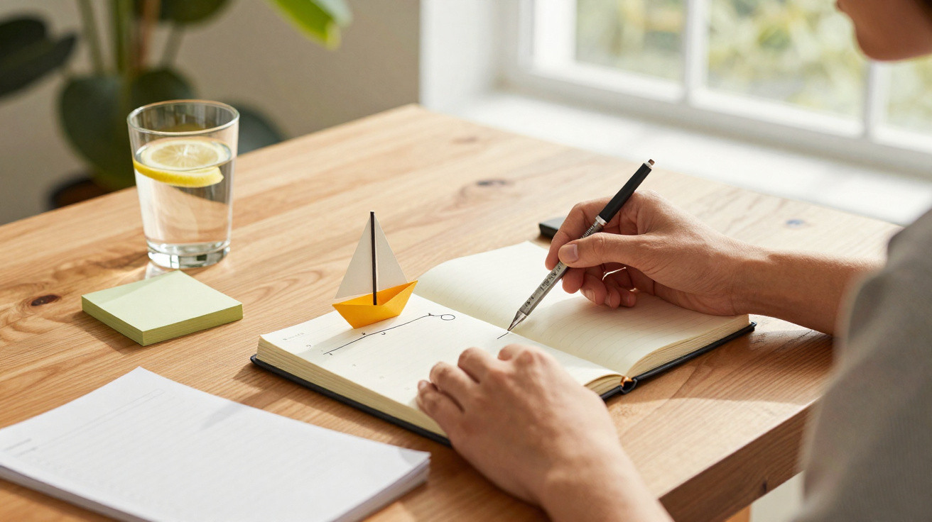 Pessoa a escrever num caderno aberto numa mesa com bloco de notas, copo de água com limão e barco de papel.