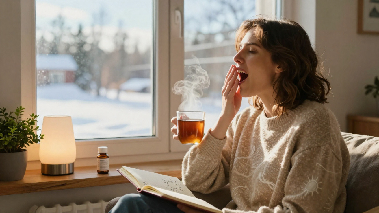 Mulher a bocejar enquanto segura chá quente e lê um livro junto a uma janela com neve lá fora.