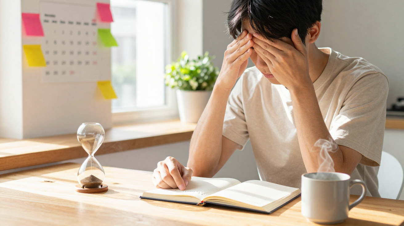 Homem com expressão de stress lendo livro numa mesa com ampulheta e chá quente ao lado.