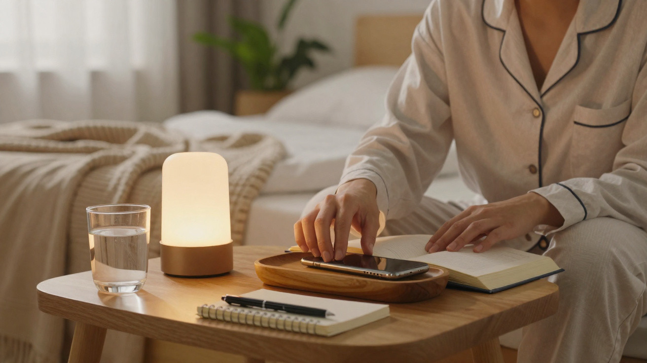 Pessoa de pijama sentada à mesa de cabeceira com telemóvel, bloco de notas, caneta, copo de água e candeeiro ligado.