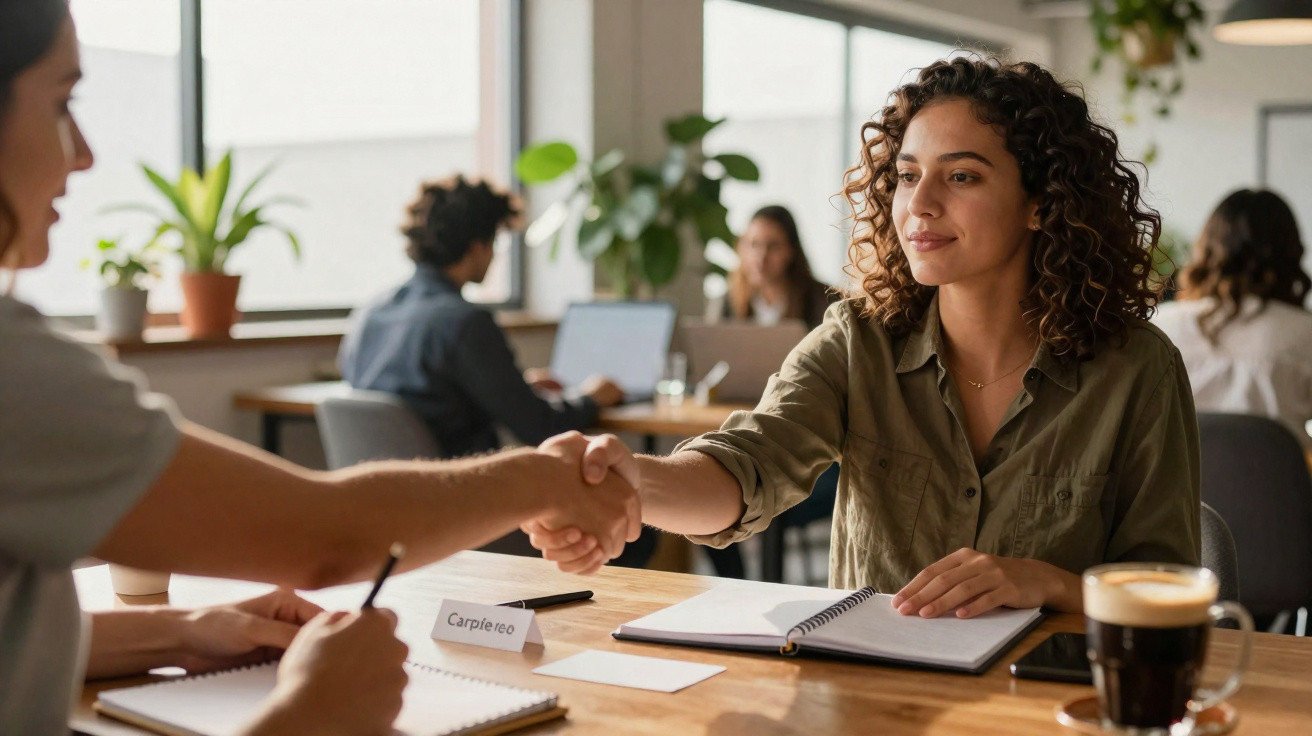 Duas pessoas a cumprimentar-se com um aperto de mãos numa reunião de trabalho num escritório moderno.