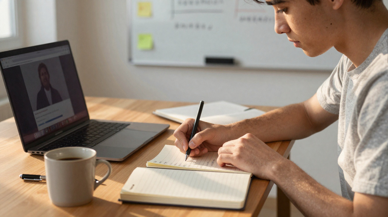 Jovem a estudar em casa, a escrever num caderno com laptop, caneca e quadro branco ao fundo.