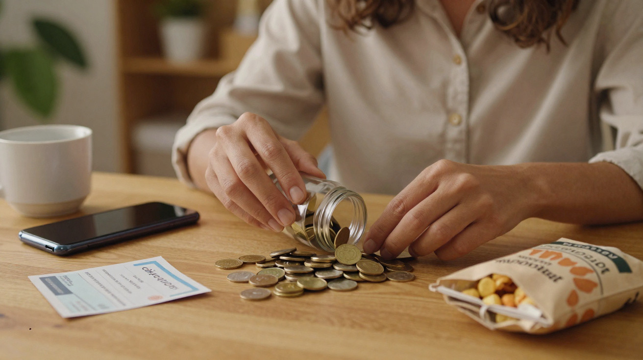 Pessoa a contar moedas numa mesa com telemóvel, documento e saco de snacks.