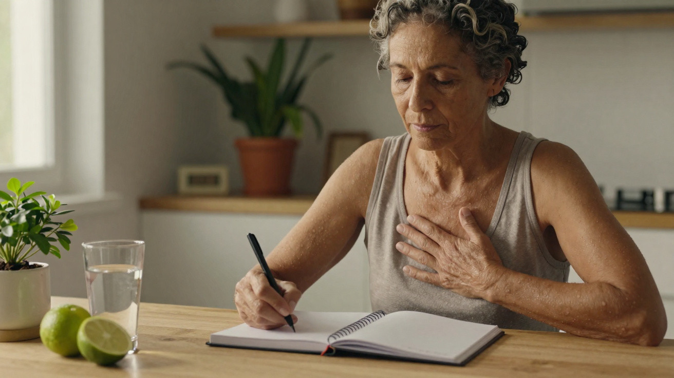 Mulher madura a escrever num caderno, com uma mão no peito, sentada à mesa com frutas e copo de água.
