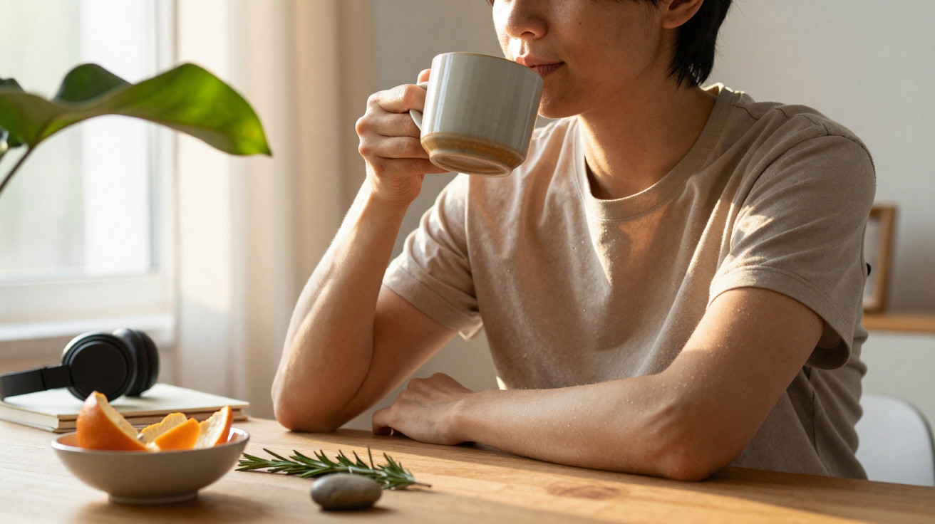 Pessoa a beber numa caneca junto a uma tigela com pedaços de fruta numa mesa de madeira.