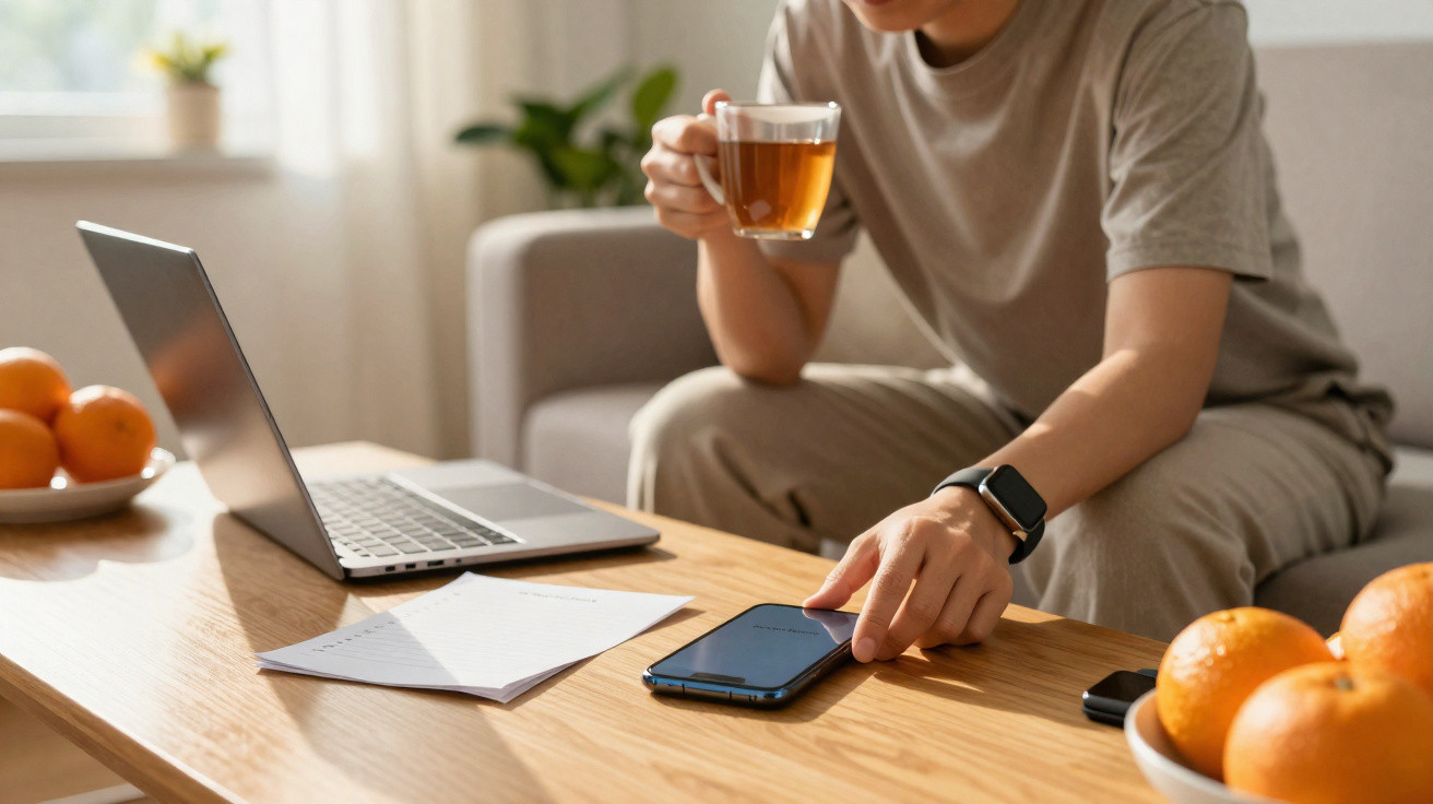 Pessoa sentada a usar telemóvel e a beber chá, com portátil e caderno numa mesa de madeira clara.