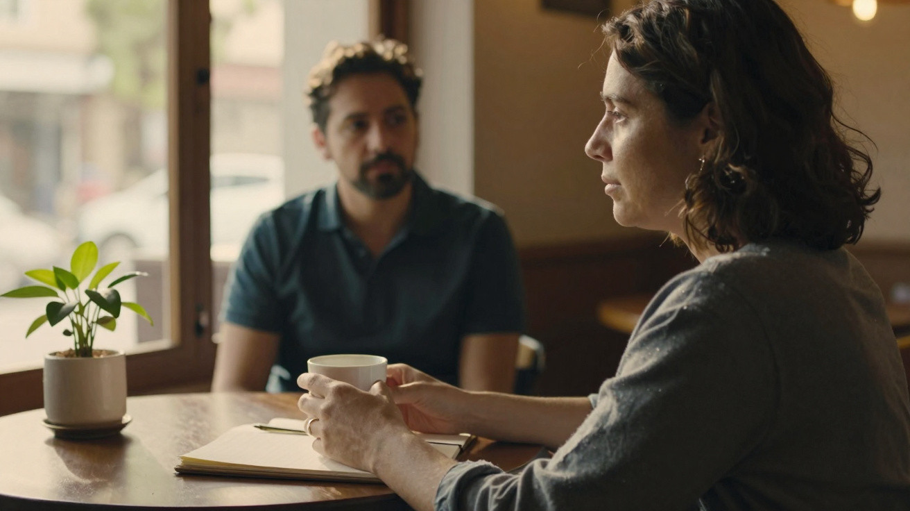 Duas pessoas sentadas à mesa num café, uma segura uma chávena enquanto conversam num ambiente calmo.