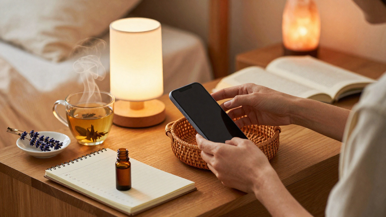 Pessoa a usar telemóvel numa mesa com chá quente, caderno, óleo essencial, arranjo floral e luz ambiente quente.