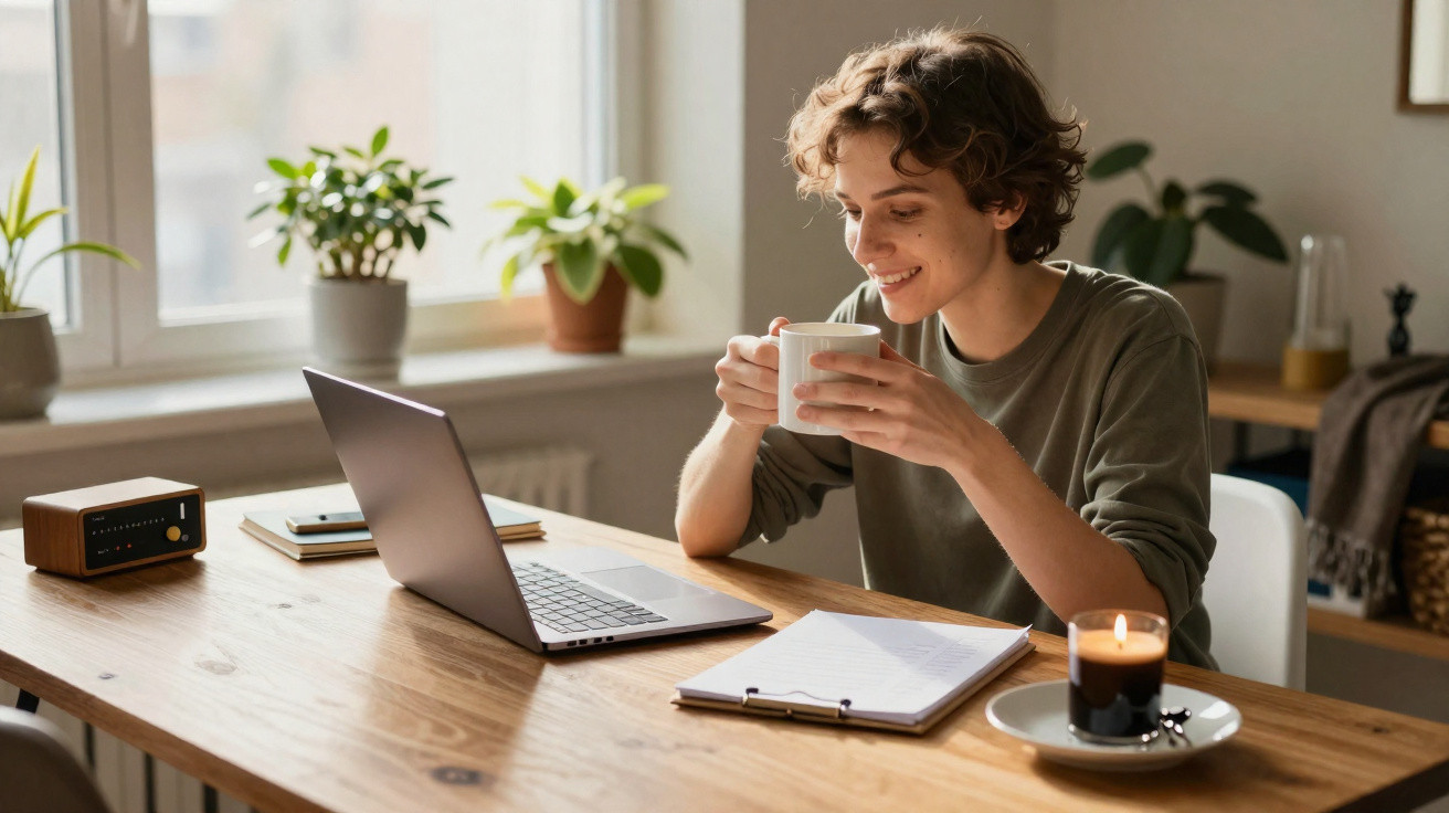 Pessoa sorridente a beber chá enquanto trabalha num computador portátil numa mesa de madeira.