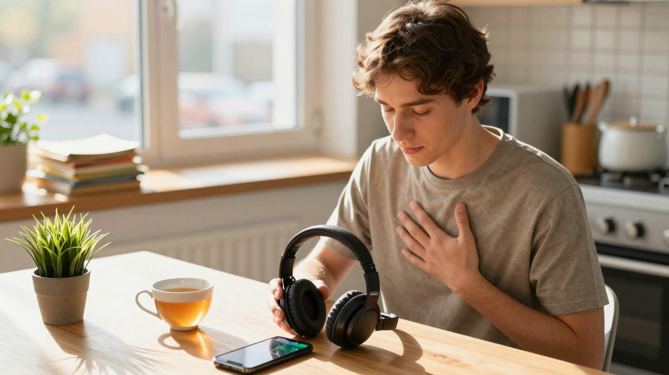 Jovem sentado à mesa a ouvir música com auscultadores, com chá e telefone à sua frente numa cozinha iluminada.