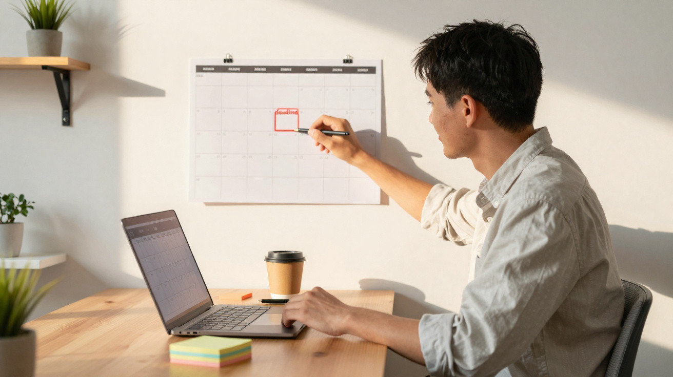 Homem sentado a marcar data importante num calendário na parede enquanto usa computador portátil.