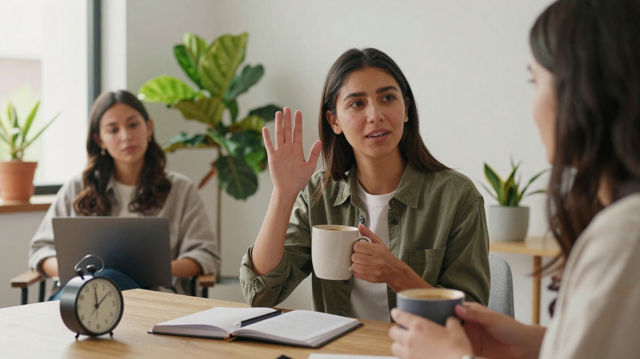 Mulher a falar e a levantar a mão durante reunião informal com colegas à mesa num escritório.
