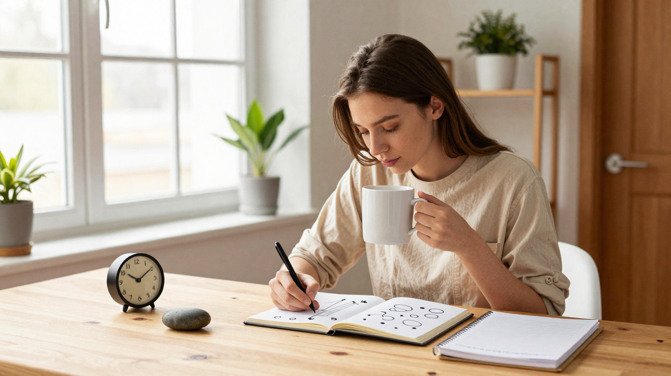 Mulher a beber café enquanto desenha num caderno, sentada numa mesa de madeira com relógio e plantas.