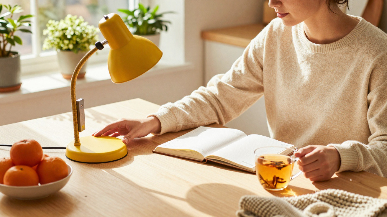 Pessoa a ler livro numa mesa de madeira, com chá, lâmpada amarela e fruta numa tigela.