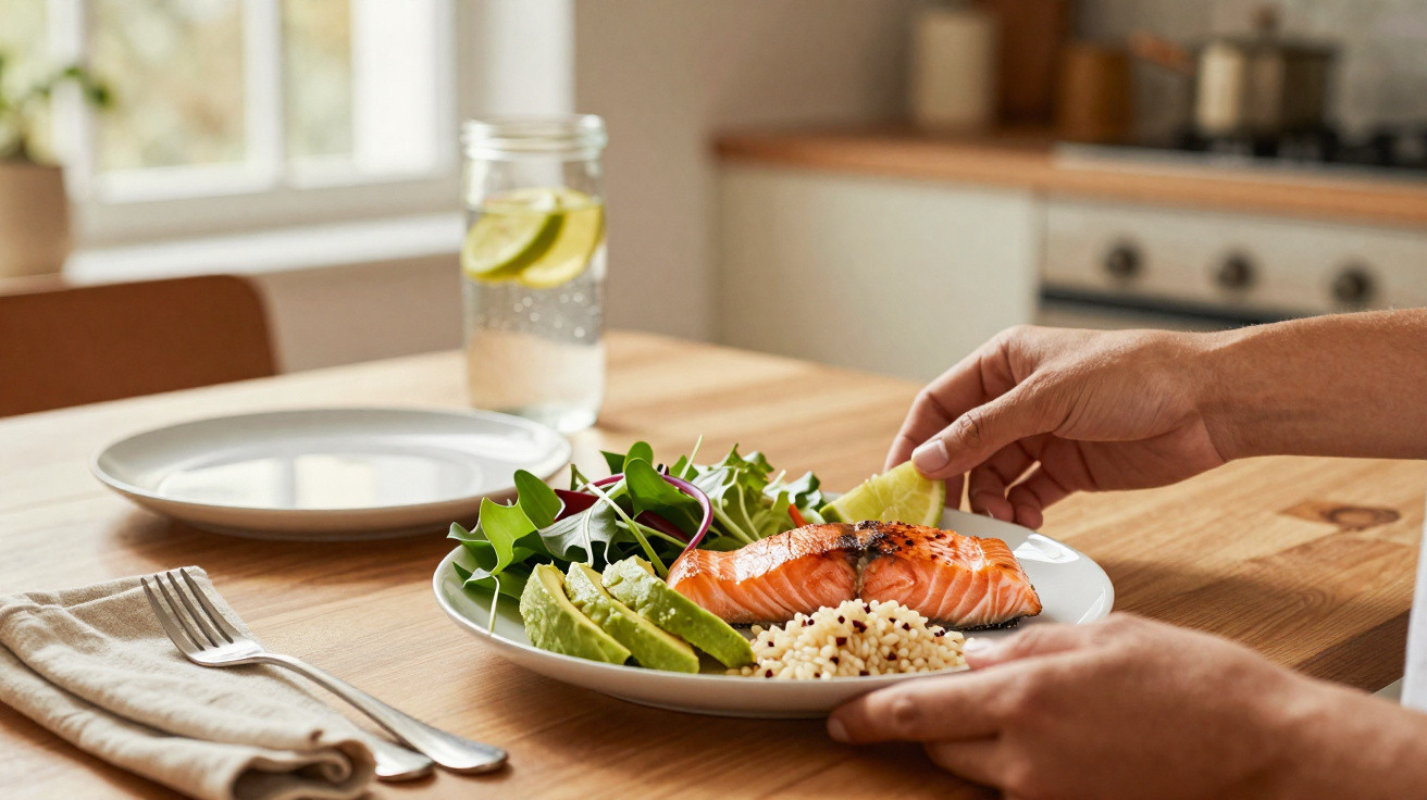 Prato com salmão grelhado, abacate, salada e quinoa numa mesa de madeira com pessoa a colocar limão.