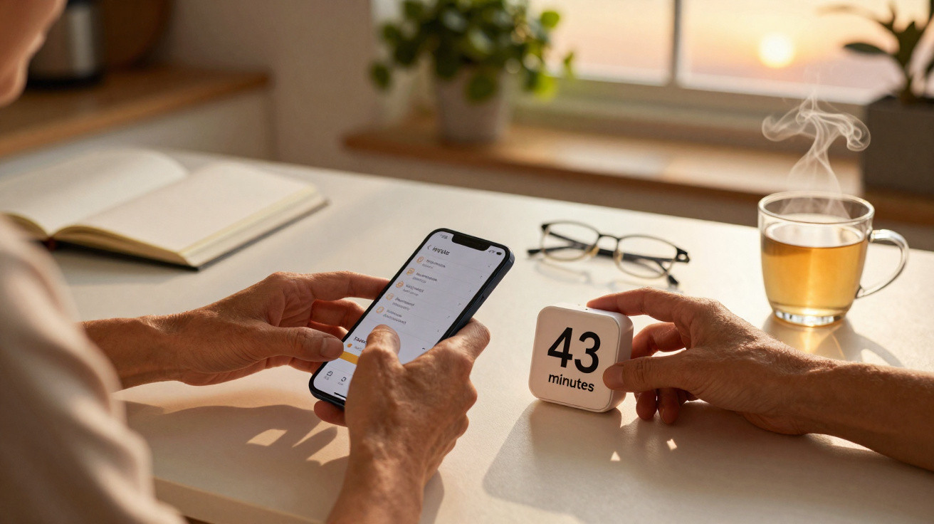 Duas pessoas em mesa com smartphone, temporizador digital a 43 minutos, chá quente e óculos perto de janela ao pôr do sol.