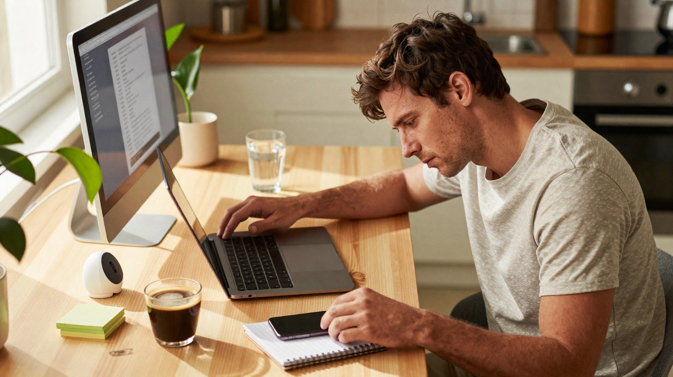 Homem a trabalhar concentrado num portátil numa cozinha com café, computador e notas à sua frente.