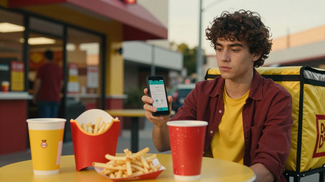 Jovem com mochila de entregas usado app no telemóvel ao lado de batatas fritas e bebidas num restaurante.