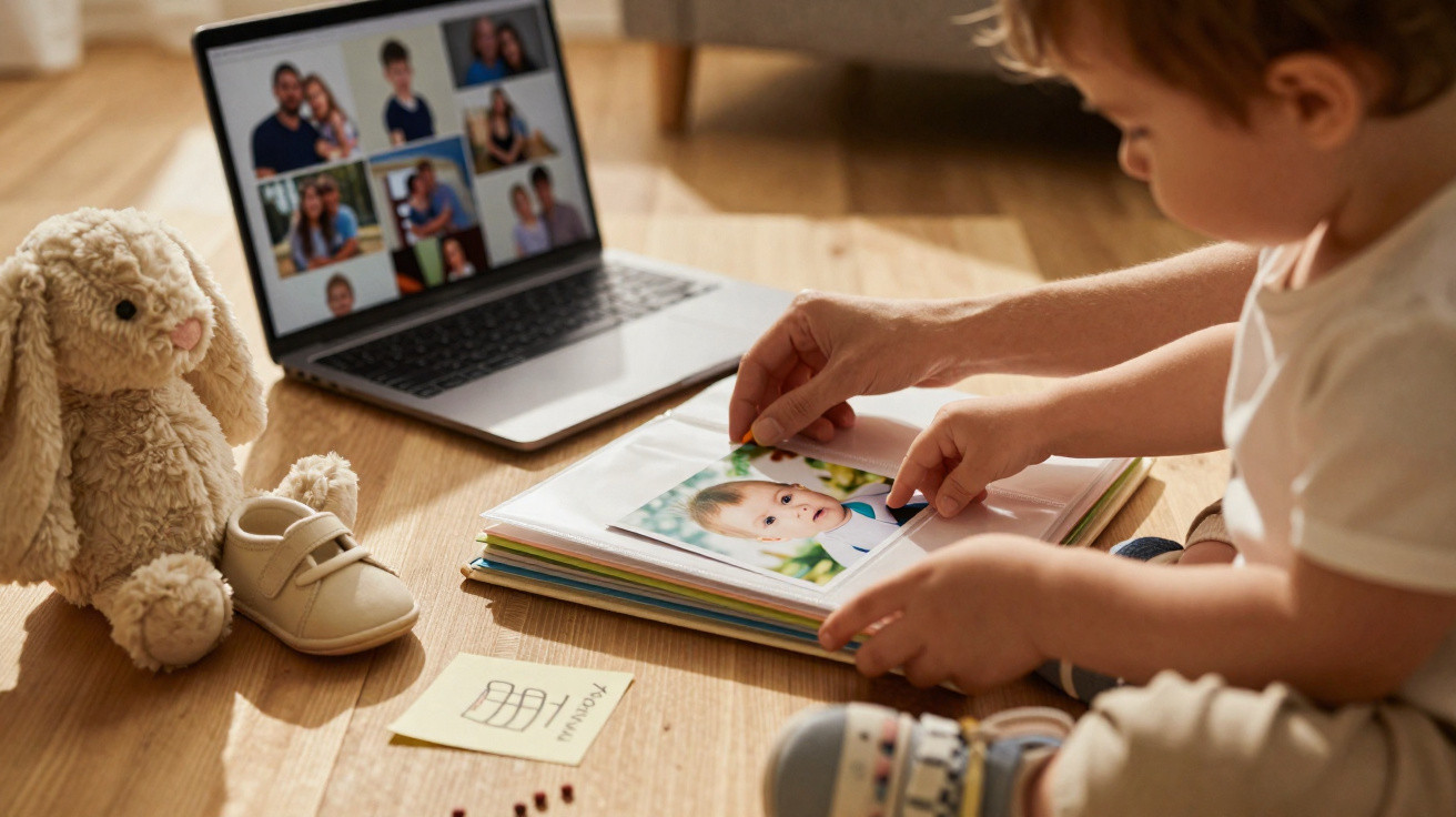 Criança a ver álbum de fotos com retrato de bebé, com laptop aberto em videochamada e brinquedo de peluche junto.