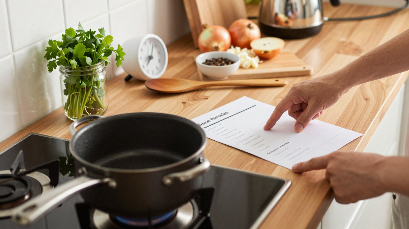 Pessoa a consultar receita de cozinha numa bancada com panela, cebolas, ervas e utensílios.