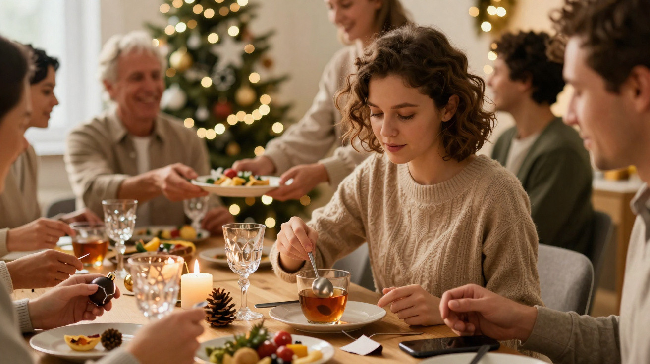Família reunida à mesa a desfrutar de uma refeição festiva com árvore de Natal iluminada ao fundo.