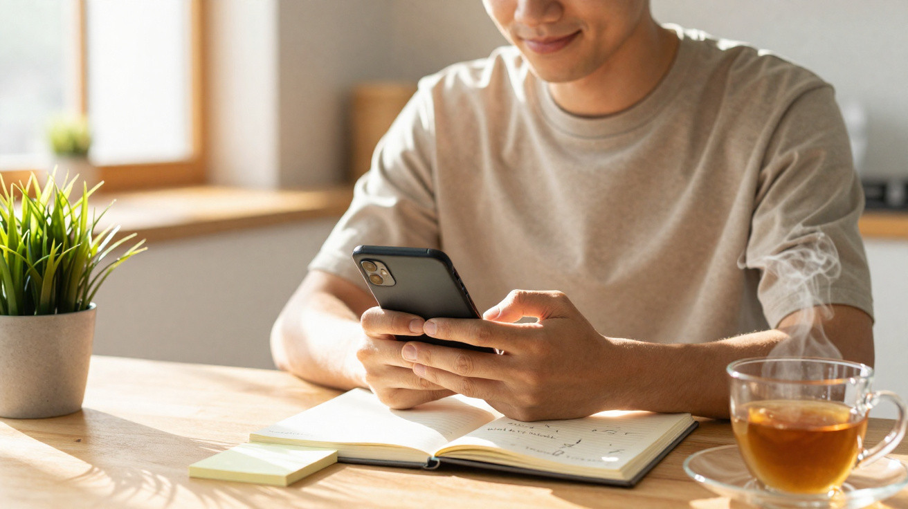 Homem sentado à mesa a usar telemóvel, com caderno aberto, chá fumegante e planta decorativa à sua frente.