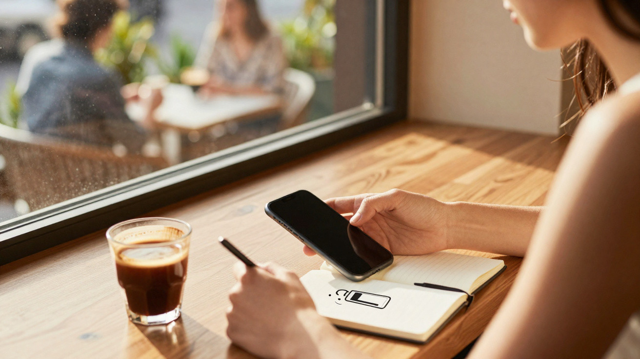 Pessoa a segurar telemóvel junto a caderno com desenho de smartphone e chá numa mesa junto a janela.