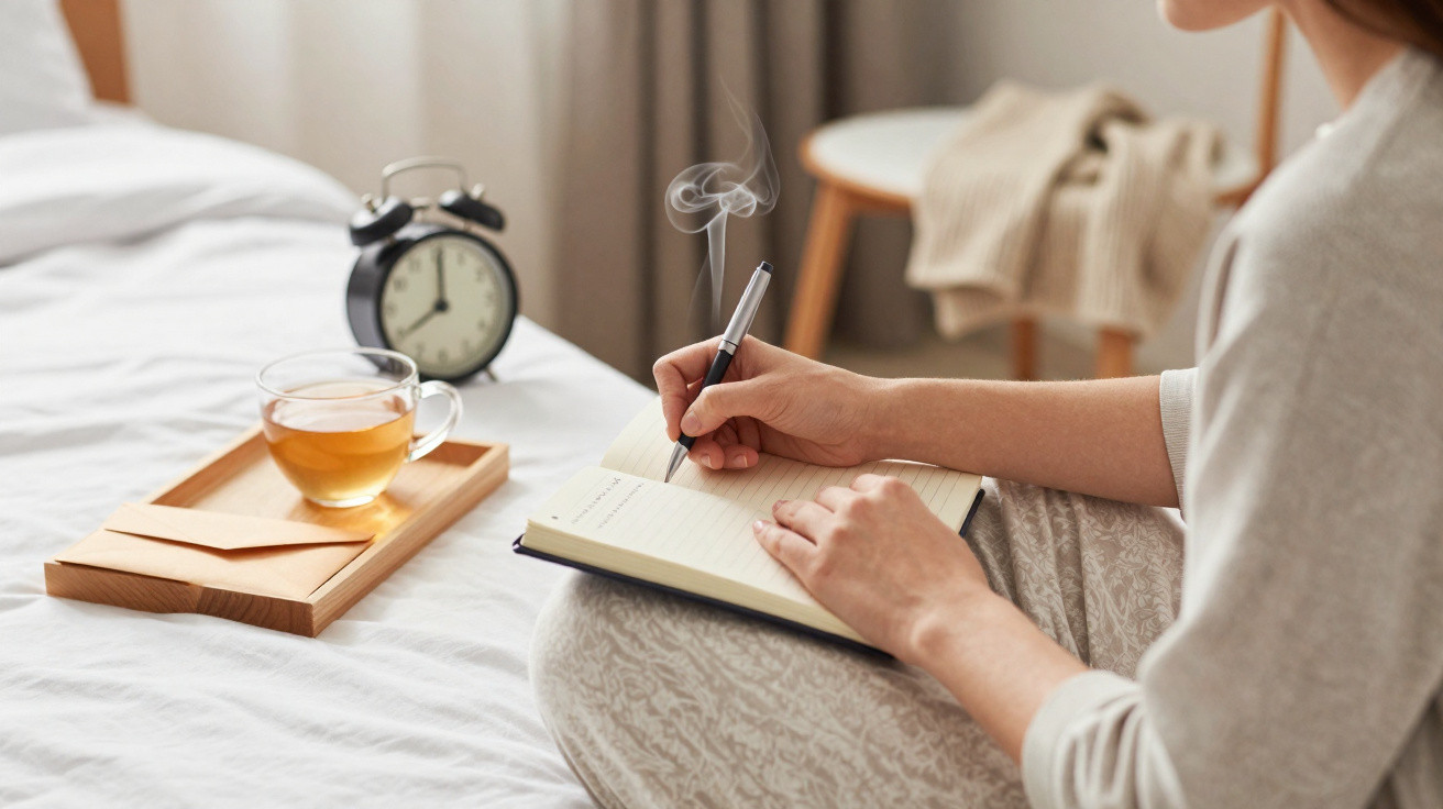Pessoa sentada na cama a escrever num caderno com chá e um relógio despertador ao lado.