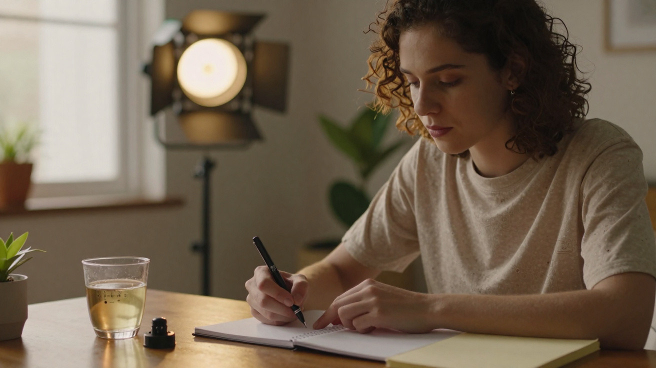 Mulher sentada a escrever num caderno, numa mesa com copo de chá e plantas, em ambiente acolhedor.