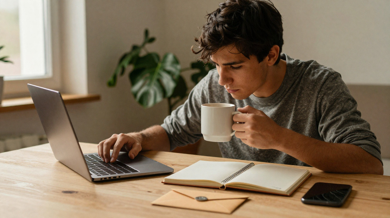 Jovem sentado à mesa a trabalhar no portátil, a beber de uma caneca, com caderno e envelope à frente.