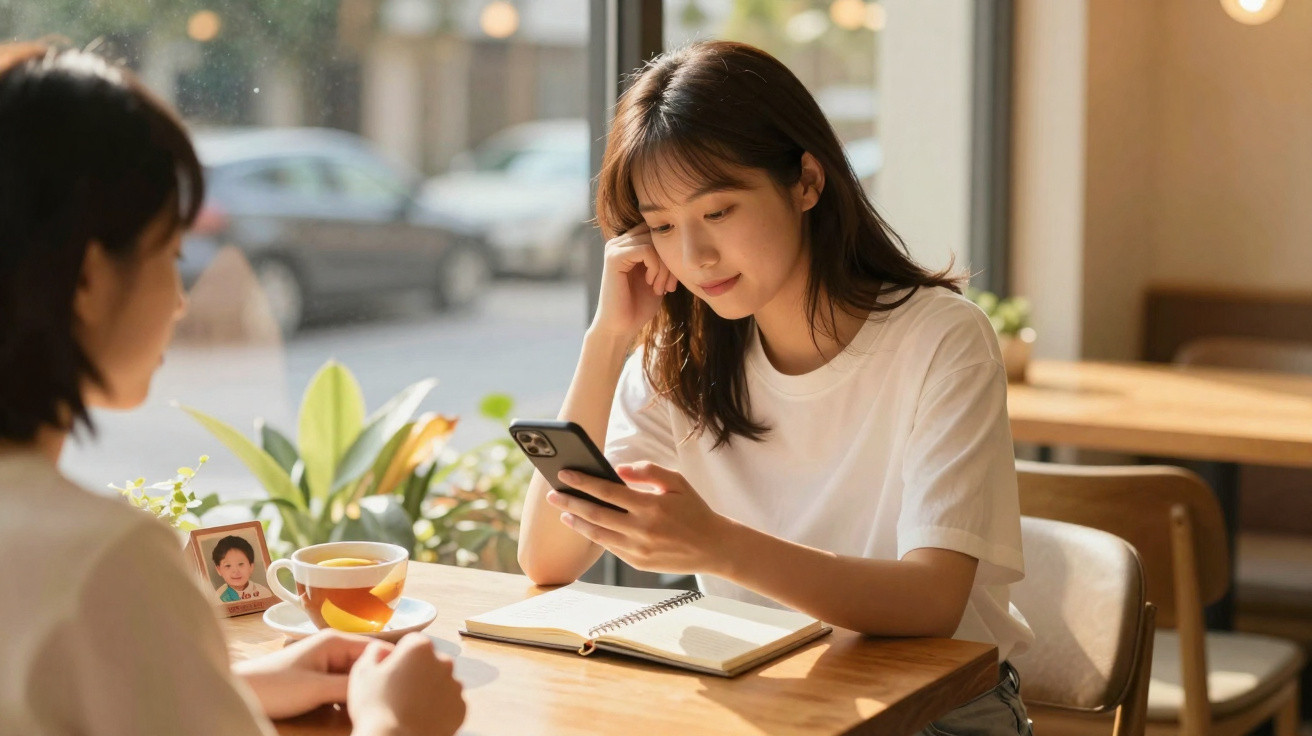 Duas mulheres sentadas numa mesa de café, uma a olhar para o telemóvel e outra com chá na frente.
