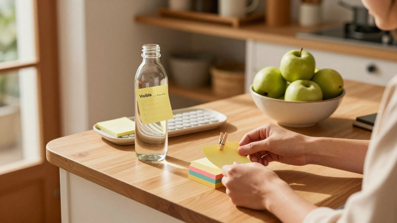 Mãos a colocar notas adesivas coloridas numa cozinha com garrafa de água, maçãs verdes e teclado.