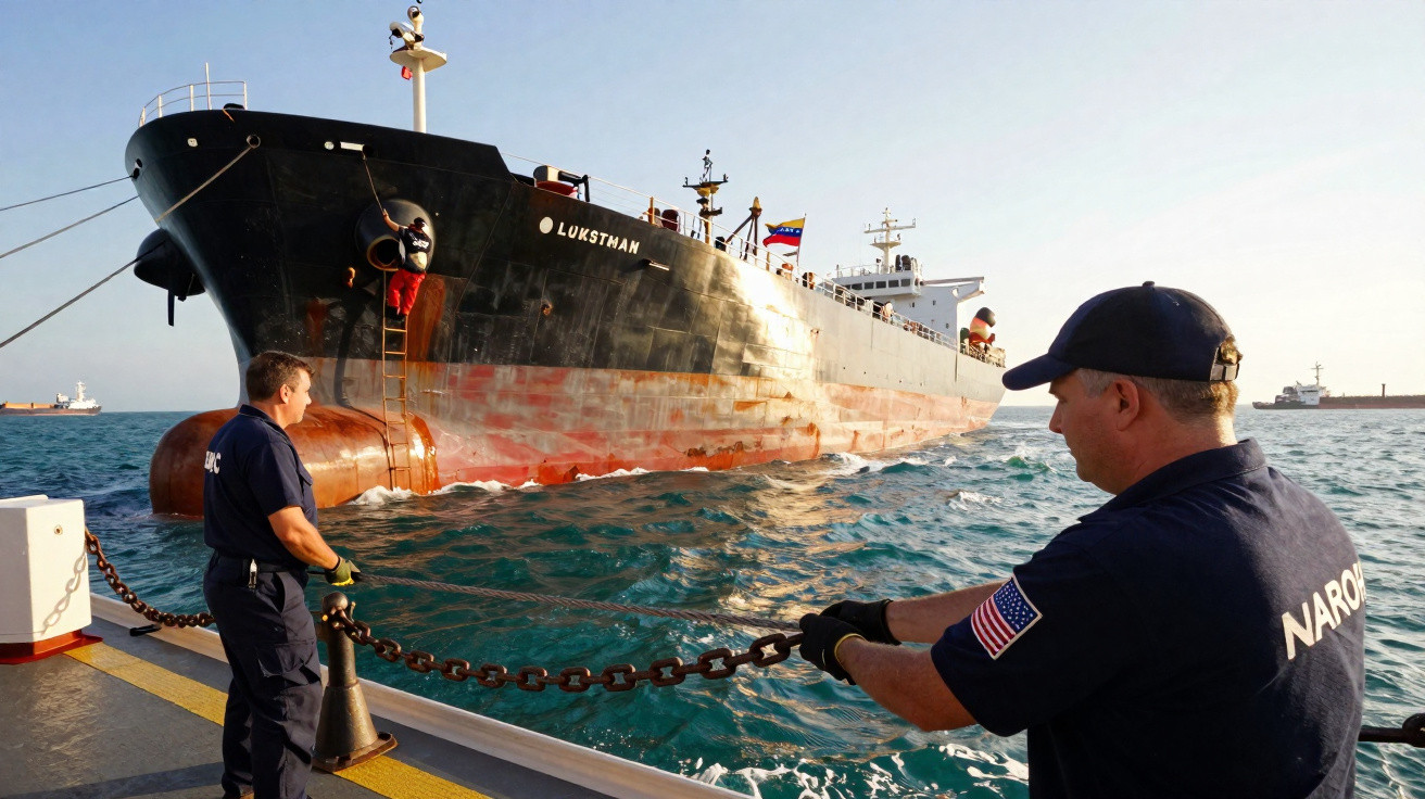 Dois homens em uniforme seguram uma corrente ligada ao grande navio negro chamado LUXSTHAN no mar.