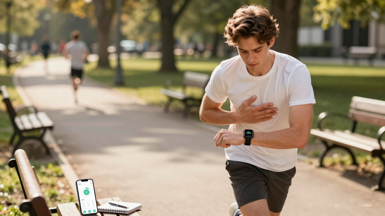 Homem em roupa desportiva a correr num parque, segurando o peito e consultando um relógio inteligente.