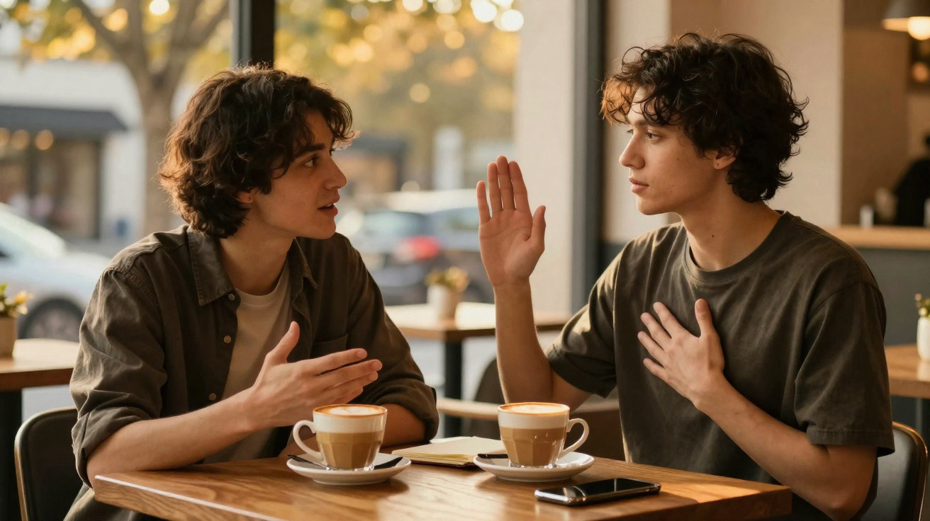 Dois jovens conversam numa cafetaria, com duas chávenas de café à frente, gesticulando durante o diálogo.