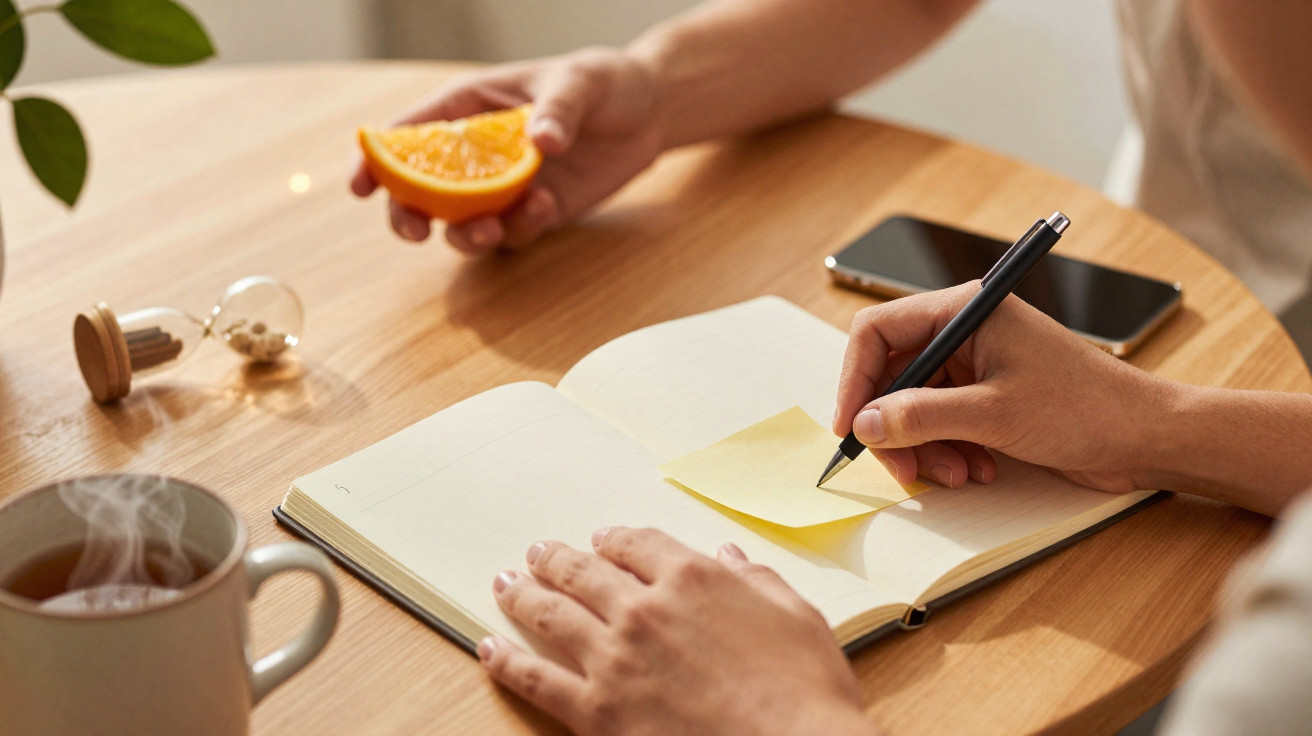 Pessoa escrevendo num post-it em cima de caderno aberto numa mesa com chá, laranja e ampulheta.