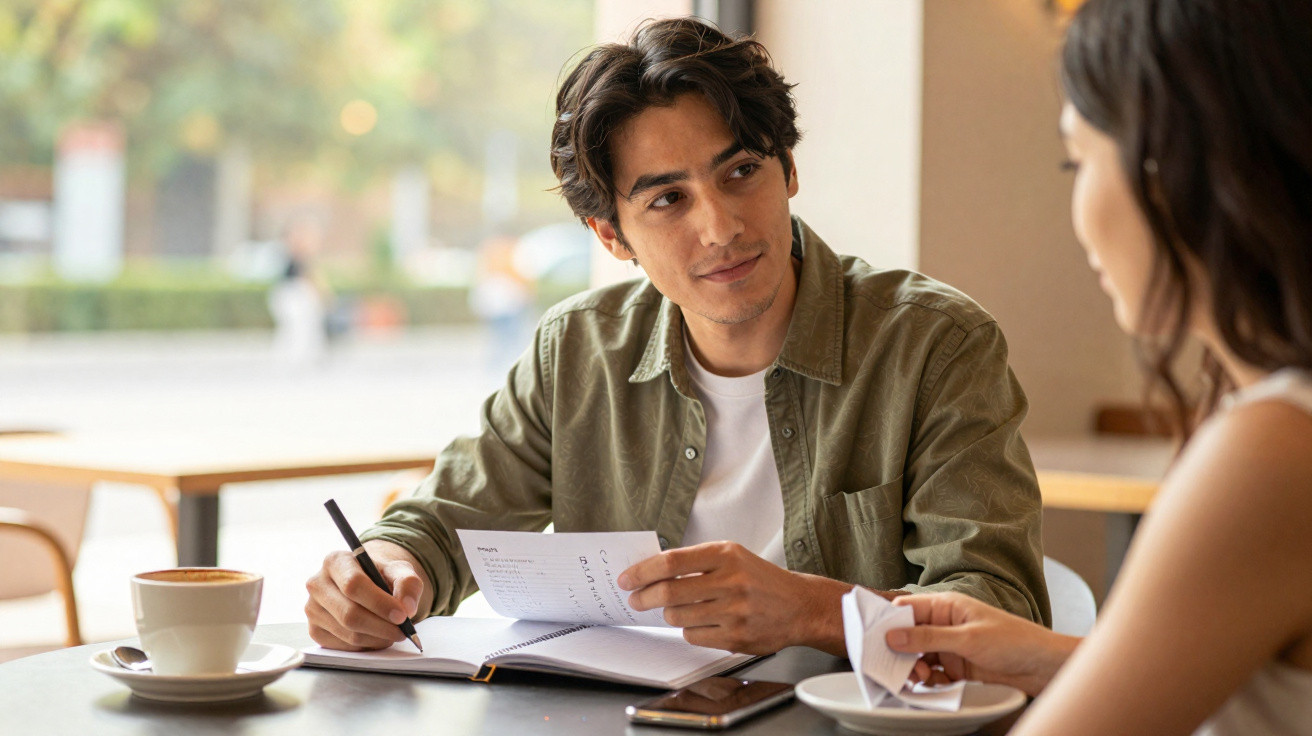 Jovem sentado à mesa de café a escrever num caderno enquanto conversa com outra pessoa.