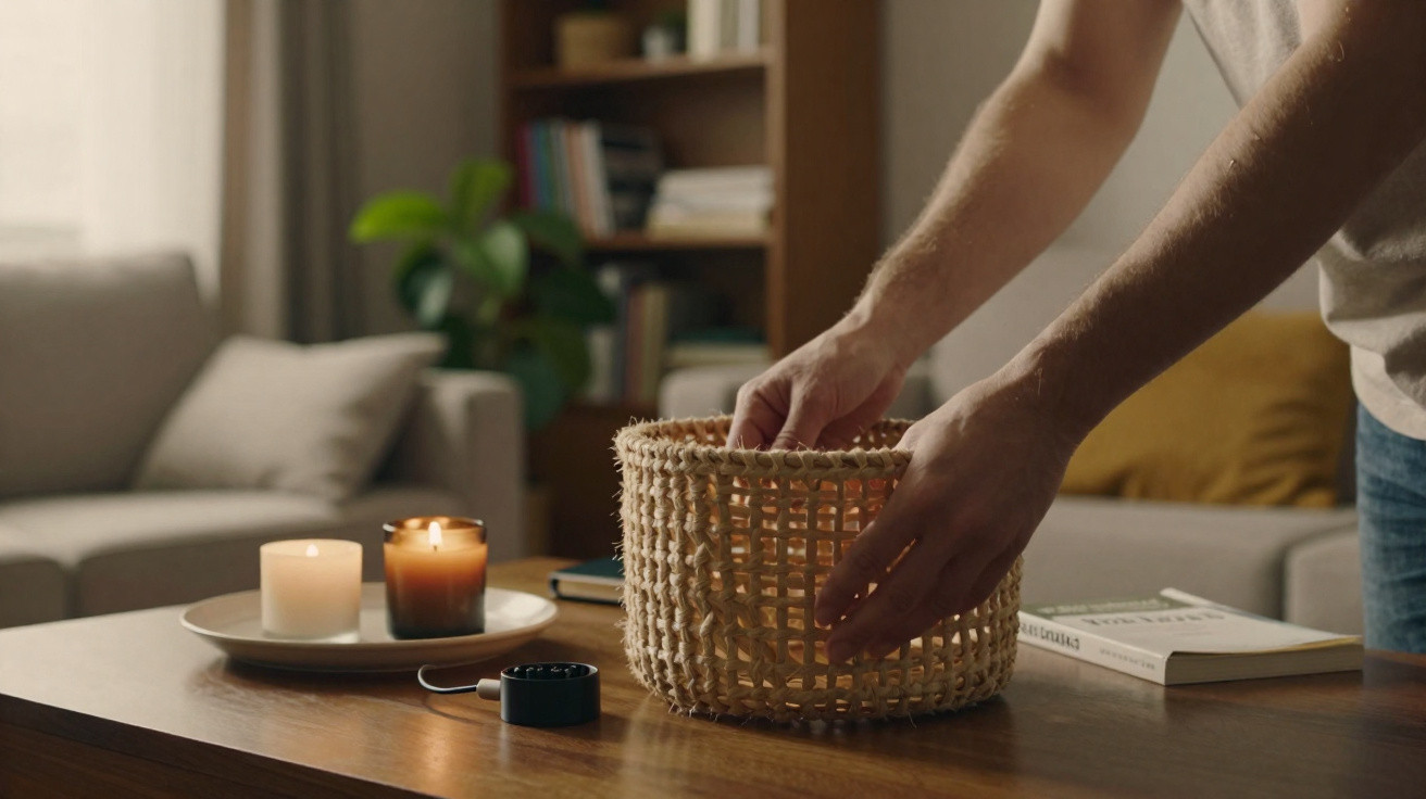 Mãos a colocar cesto de verga numa mesa com velas acesas e livros numa sala de estar acolhedora.