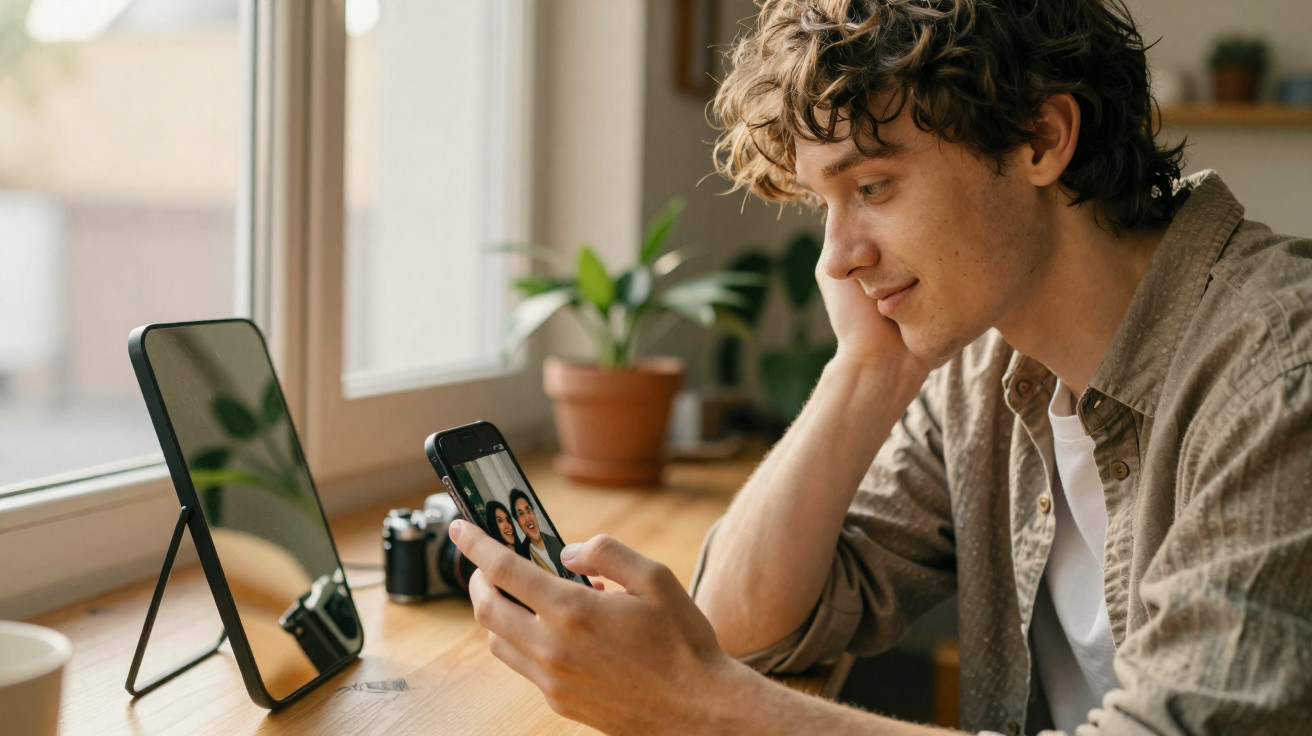 Homem sentado junto a uma janela a ver fotos no telemóvel numa mesa com tablet e plantas.