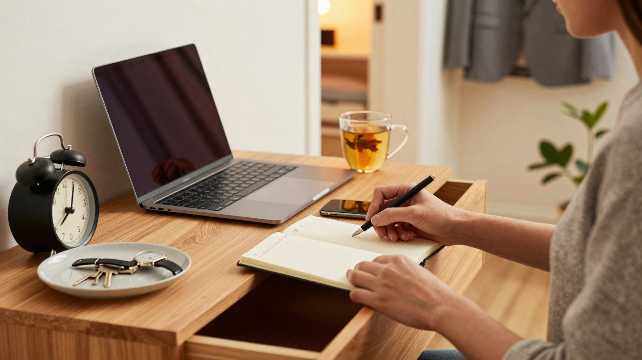 Pessoa a fazer anotações num caderno numa secretária com computador portátil, relógio e chá.