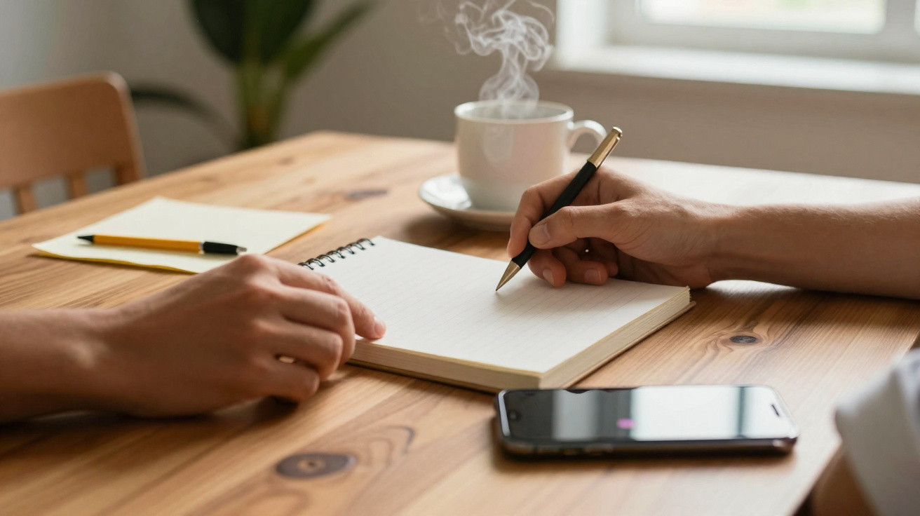 Duas pessoas a escrever num caderno numa mesa com um smartphone e uma chávena de café fumegante.