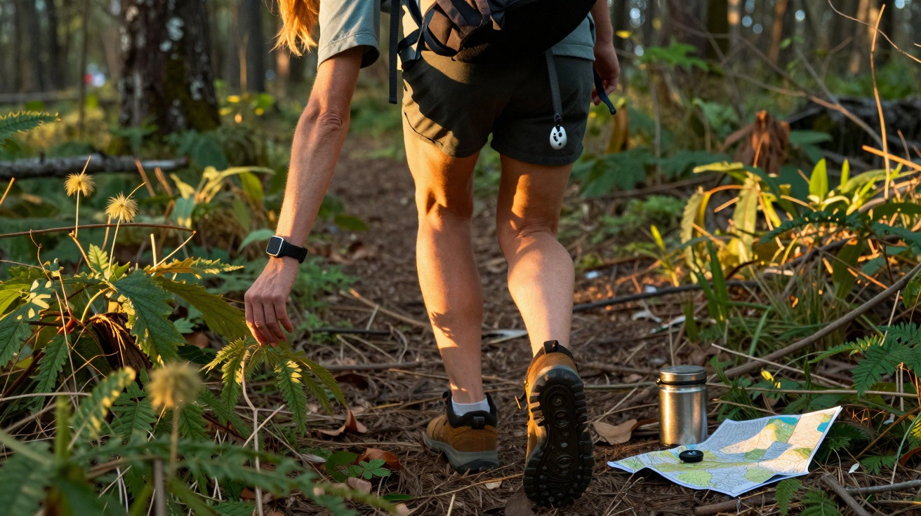 Pessoa com mochila a caminhar numa floresta junto a mapa e bússola no chão ao fim da tarde.