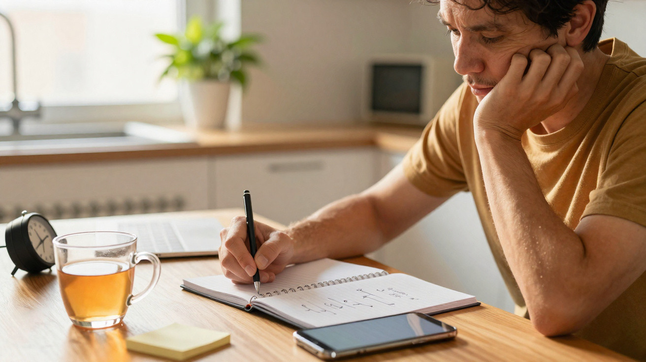 Homem sentado a escrever num caderno à mesa com chá, telemóvel e relógio à sua frente numa cozinha iluminada.