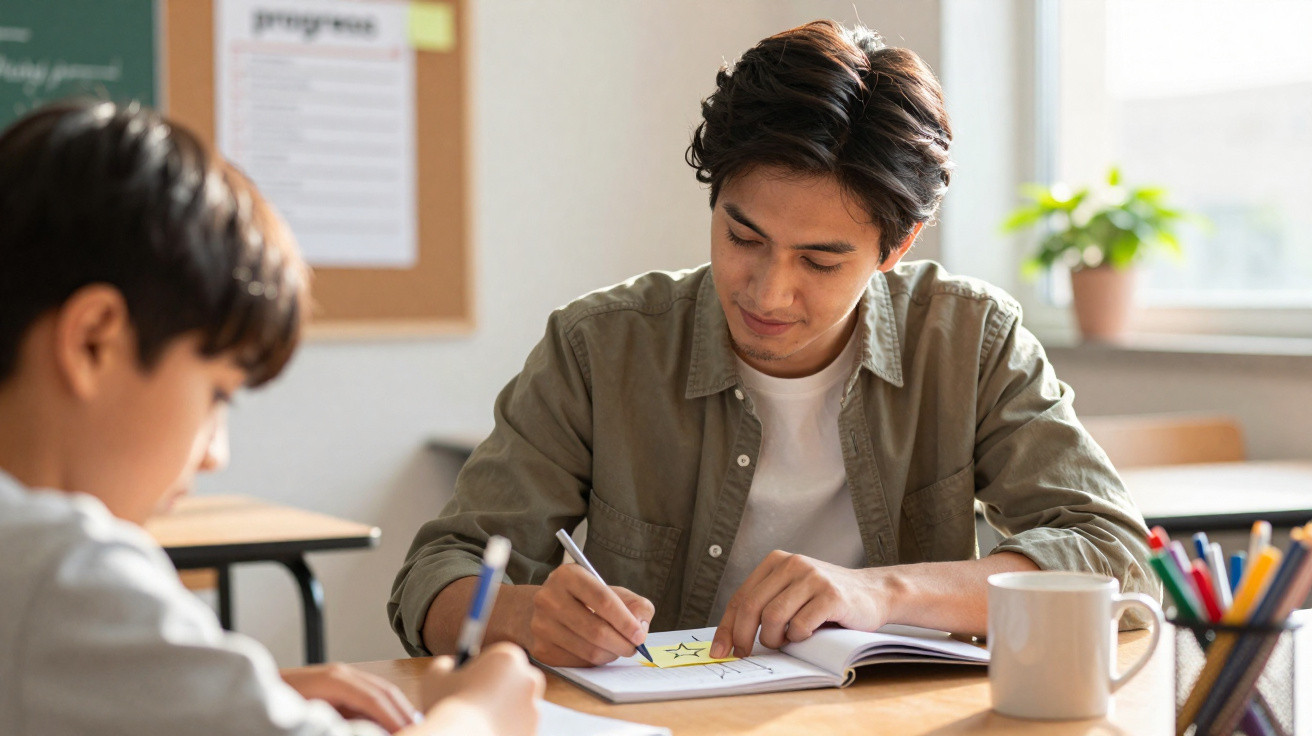 Dois estudantes concentrados a escrever e desenhar em cadernos numa sala iluminada e organizada.