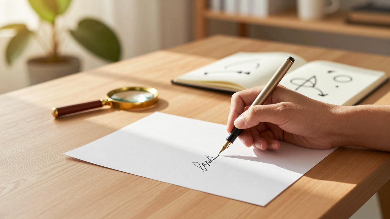 Mão a assinar um papel com caneta, lupa e caderno com desenhos numa mesa de madeira iluminada.