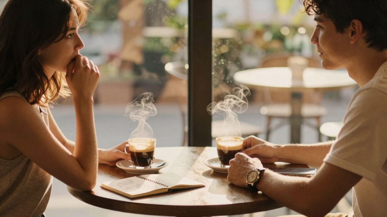 Duas pessoas sentadas frente a frente numa mesa de café com duas chávenas de café fumegante.