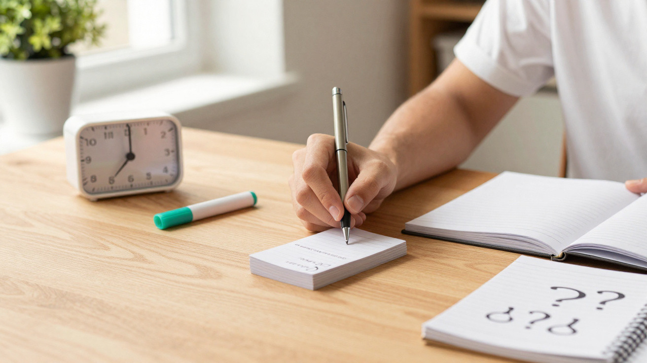 Pessoa a escrever numa ficha de papel num ambiente de estudo organizado com cadernos e relógio.